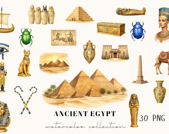 Clipart acquerello dell'antico Egitto, illustrazioni PNG di simboli egizi (download digitale)