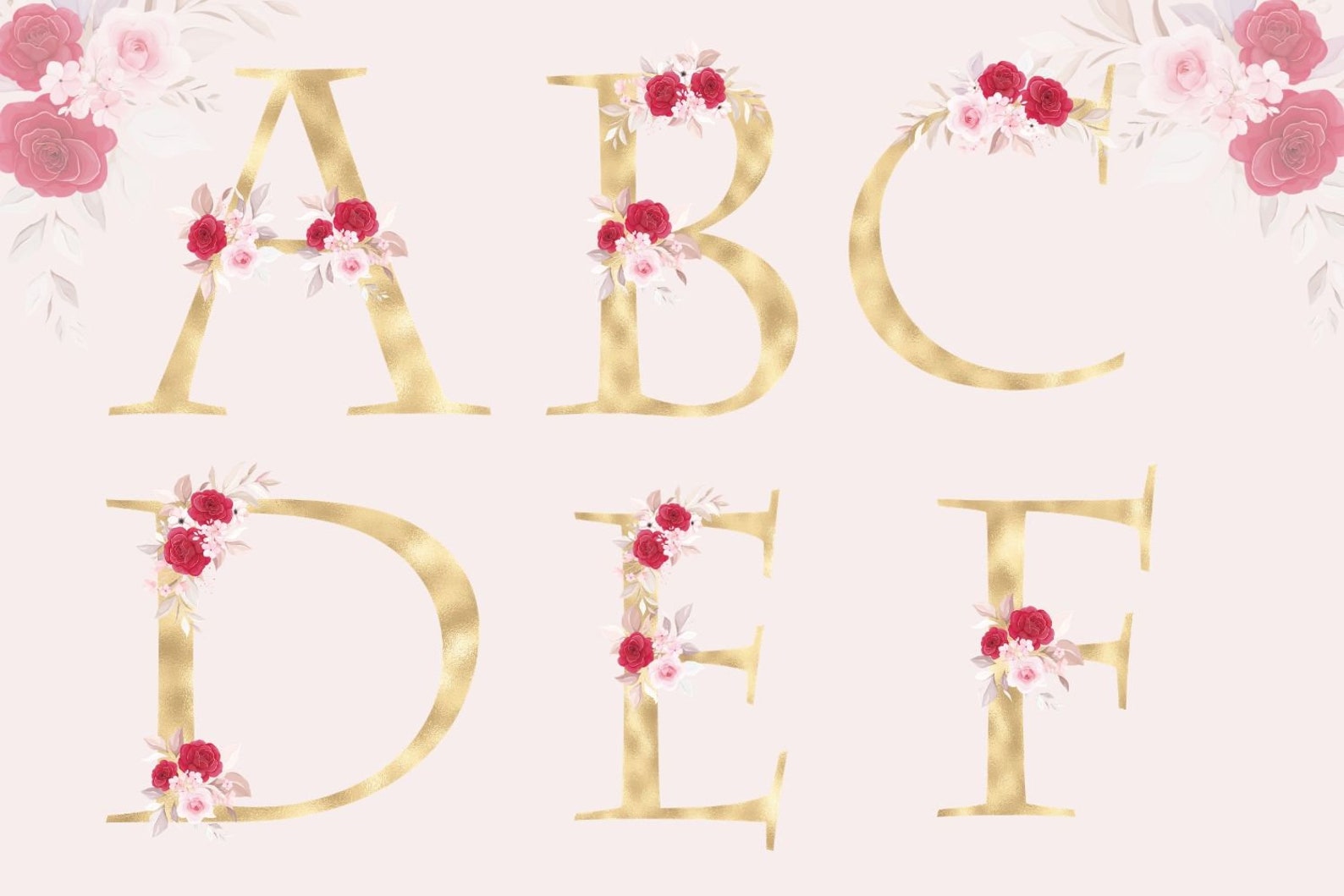 Gold foil alphabet with pink roses Floral alphabet clipart Etsy