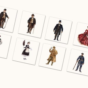 May include: Watercolor illustrations of vintage characters, including gentlemen in top hats, a maid, and a detective. The images are on square white backgrounds, evoking a classic, historical theme.