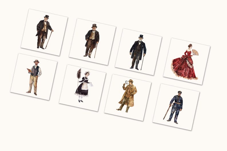 May include: Watercolor illustrations of vintage characters, including gentlemen in top hats, a maid, and a detective. The images are on square white backgrounds, evoking a classic, historical theme.