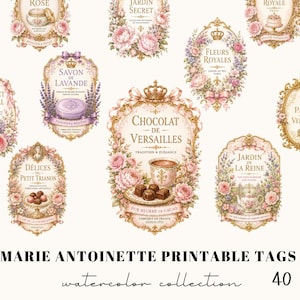 Marie Antoinette Printable Tags Watercolor Clipart Bundle | Vintage French Labels, Shabby Chic Floral Tags, Rococo Ephemera PNG