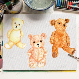 Watercolor Teddy Bear Clipart, Nursery Wall Decor, Bear Baby Shower