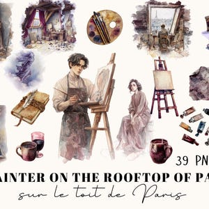 Watercolor Paris Artist Clipart | 39 PNG Vintage Rooftop, Café, Rainy Paris, 1850s Ephemera