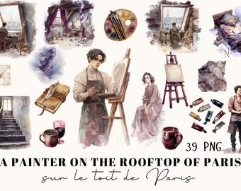 Watercolor Paris Artist Clipart | 39 PNG Vintage Rooftop, Café, Rainy Paris, 1850s Ephemera