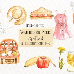 Watercolor Picnic Clipart - Summer Illustrations, Handpainted Digital Art for Picnic Party Decorations