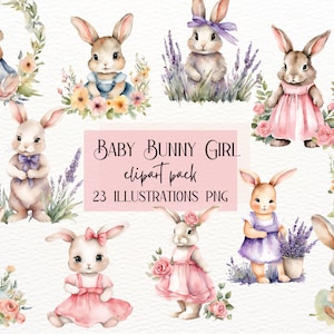Baby Bunny Rabbit Clipart, Baby Bunny Girl, Watercolor Bunnies, Nursery Animal Clipart, Watercolor Baby Shower Clipart