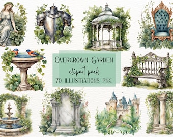 May include: Watercolor illustrations of an overgrown garden theme. The image features a variety of elements, including a woman, armor, a gazebo, a throne, a bird bath, a bench, a fountain, an archway, a castle, and columns, all surrounded by lush greenery. Text reads "OVERGROWN GARDEN clipart pack 70 ILLUSTRATIONS PNG".