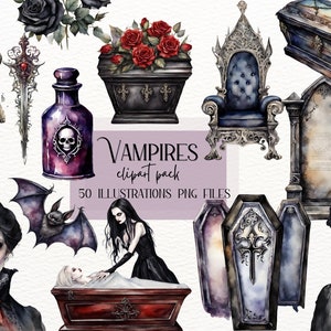 Aquarel gotische vampier clipart, Victoriaanse donkere kunst, Instant Download