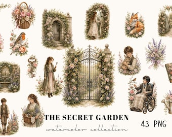 Secret Garden Watercolor Clipart, Vintage Floral Cottagecore Illustrations (43 PNG Files)