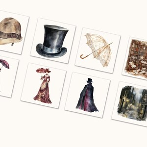 May include: Watercolor illustrations of vintage items and scenes. Includes a brown hat, a black top hat, a lace parasol, a library, a woman in a burgundy dress with an umbrella, a woman in a patterned dress with an umbrella, a figure in a black cloak, and a street scene.