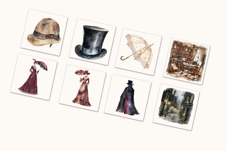 May include: Watercolor illustrations of vintage items and scenes. Includes a brown hat, a black top hat, a lace parasol, a library, a woman in a burgundy dress with an umbrella, a woman in a patterned dress with an umbrella, a figure in a black cloak, and a street scene.