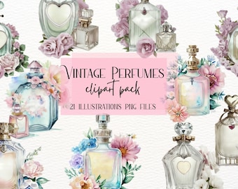 Watercolor Vintage Perfume Bottles with Flowers