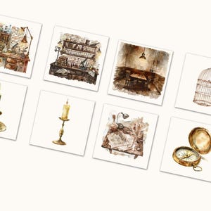 May include: Watercolor illustrations of vintage objects and scenes. The images include a candle in a holder, a compass, a birdcage, and detailed depictions of old-fashioned workspaces and interiors, all in warm, earthy tones.