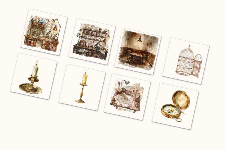 May include: Watercolor illustrations of vintage objects and scenes. The images include a candle in a holder, a compass, a birdcage, and detailed depictions of old-fashioned workspaces and interiors, all in warm, earthy tones.