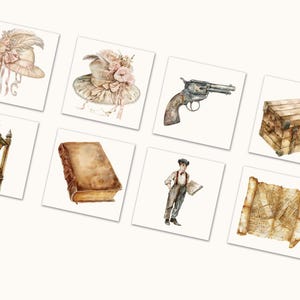 May include: Watercolor illustrations of vintage items on white squares. Images include a hat with feathers, a revolver, a wooden chest, a street lamp, a book, a man in a suit, and a map. The color palette is soft and muted.