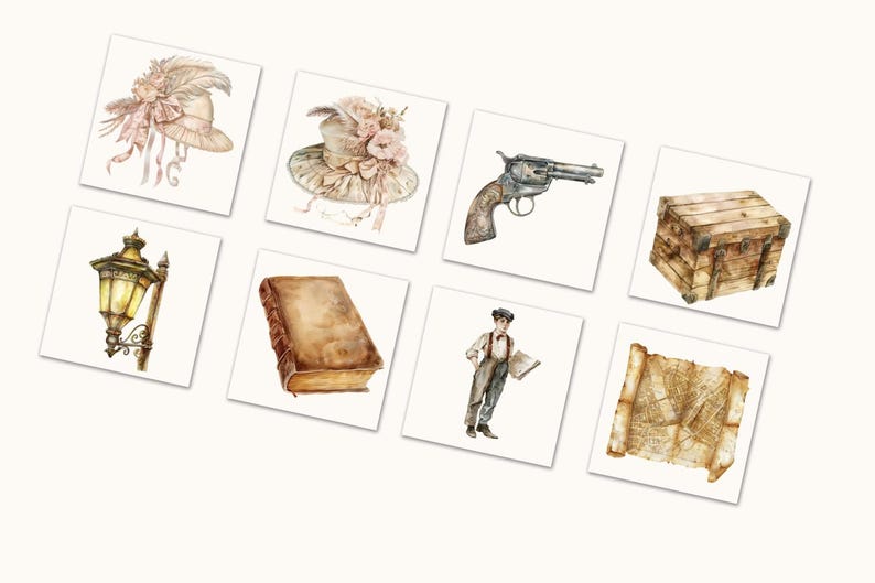 May include: Watercolor illustrations of vintage items on white squares. Images include a hat with feathers, a revolver, a wooden chest, a street lamp, a book, a man in a suit, and a map. The color palette is soft and muted.