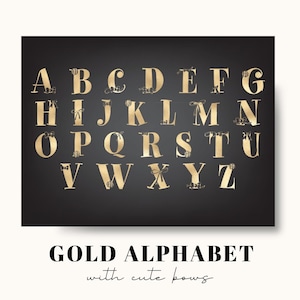 Tipografía dorada, letras con lazo, letras doradas, alfabeto decorativo, fuente para bodas, clipart del alfabeto