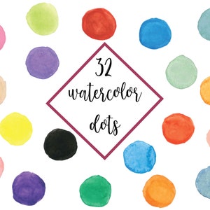 32 Hand-Painted Watercolor Dots Clipart: Colorful Circle Set (Digital Download)