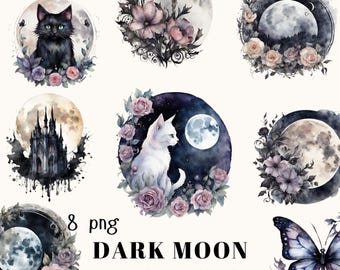 Watercolor Moon Clipart: Dark Moon Collection (PNG)