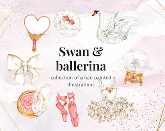 Watercolor Ballerina Clipart: Ballet Shoes, Swan, Tutu (PNG Digital Download)