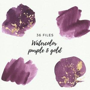 Gold & Purple Watercolor Splash Clipart – Elegant Brush Strokes and Logo Elements for Creative Designs