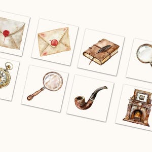 May include: Watercolor illustrations of vintage detective-themed items. The image includes an envelope with a wax seal, a pocket watch, a magnifying glass, a pipe, a book, and a fireplace. The items are arranged on white squares.