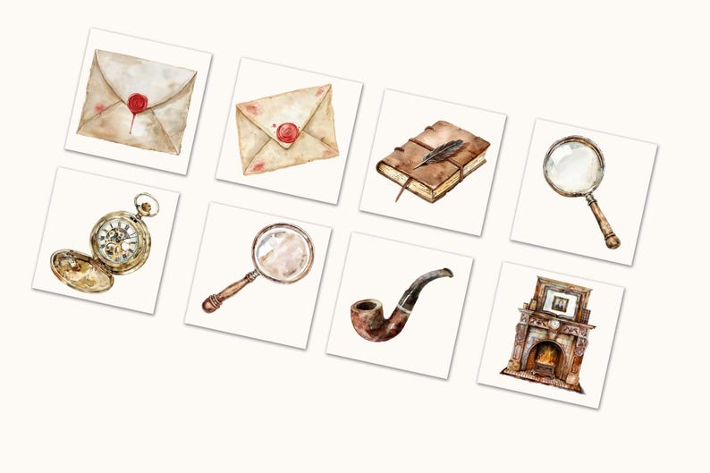 May include: Watercolor illustrations of vintage detective-themed items. The image includes an envelope with a wax seal, a pocket watch, a magnifying glass, a pipe, a book, and a fireplace. The items are arranged on white squares.