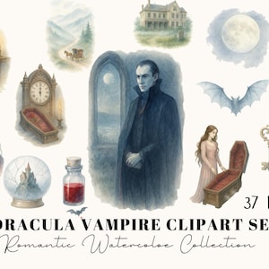 May include: A collection of watercolour illustrations with a Dracula and vampire theme. The set includes images of a vampire, coffin, castle, bat, key, and a woman. Text reads "Dracula Vampire Clipart Set Romantic Watercolor Collection."