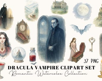 May include: Watercolor clipart set featuring Dracula and vampire-themed illustrations. Includes images of a vampire, coffin, castle, bat, key, and a woman. The text reads "Dracula Vampire Clipart Set Romantic Watercolor Collection."