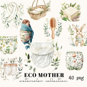 Eco-moeder- en babybundel | Natuurlijke luiers, biologische zeep, milieuvriendelijke babyverzorging, clipartbundel, png
