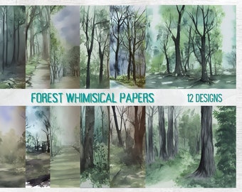 Fantazyjne tła akwarelowe | Cyfrowe papiery Mystical Forest | Tekstury natury fantasy | Zaczarowana sztuka