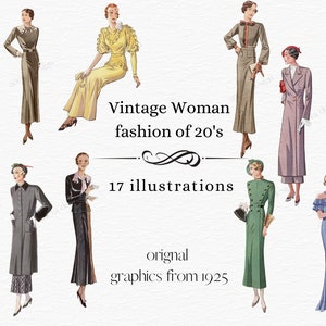 Może przedstawiać: Vintage ilustracje mody damskiej z lat 20. XX wieku. Ilustracje przedstawiają kobiety w różnych sukienkach, płaszczach i kapeluszach w różnych kolorach i stylach. Tekst "Vintage Woman fashion of 20's 17 illustrations original graphics from 1925" jest zawarty w obrazie.