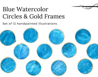 Blue watercolor dots, Gold logo elements, Watercolor circles