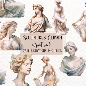 Roman Sculptures Clipart, Roman Statues, Watercolor Vintage Clipart, Junk Journal