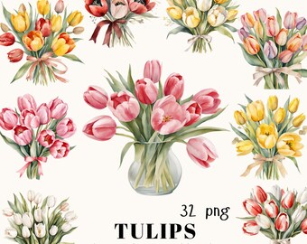 Watercolor Tulips Clipart: Floral Bouquets (PNG, 300 dpi)