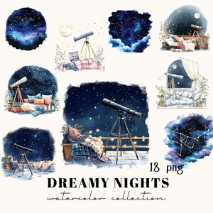 Aquarel clipart dromerige nacht – 18 hemelse png-bestanden, sterren, sterrenbeelden en telescoop, sterrennacht