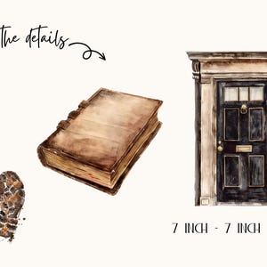 May include: Watercolor illustration featuring a vintage book, a black door with gold accents, and two muddy footprints. The text "see the details" and "7 inch - 7 inch" are also present. The overall theme is a vintage or antique aesthetic.