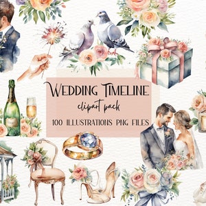Watercolor Wedding Clipart: Timeline Icons, Wedding Elements (PNG)