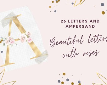 Gold foil alphabet with pink roses, Floral alphabet clipart, Rose wedding alphabet, Golden monogram floral letters