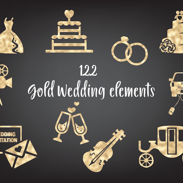 Gold foil wedding design elements, Gold wedding rings, Wedding dress, Gold elements clipart, Wedding invitation supplies, Hand drawn