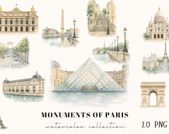 Paris Watercolor Clipart, Eiffel Tower, Landmarks, Travel Illustration Set (20 PNG)