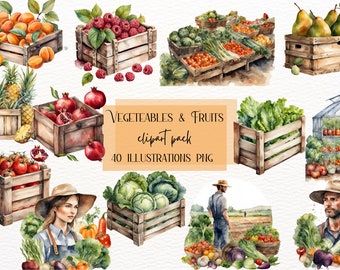 Watercolor Vegetables Clipart, Kitchen Decor, Gardening Clipart, Png Bundle