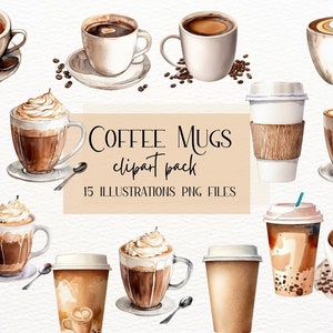 Tazas de café, café de acuarela, clipart de acuarela, paquete de clipart, descarga digital, clipart de amante del café, café