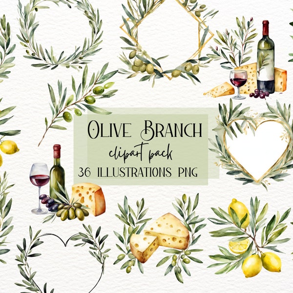 Watercolor Olive Branch Clipart, Rustic Greenery Wedding Clipart, Logo Branding