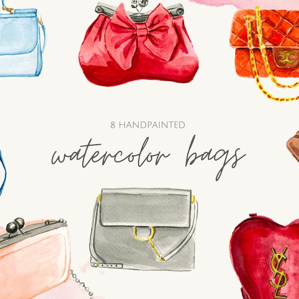 Watercolor Woman Bags, Bags Watercolor, Fashion illustration, Handbag Fashion Design
