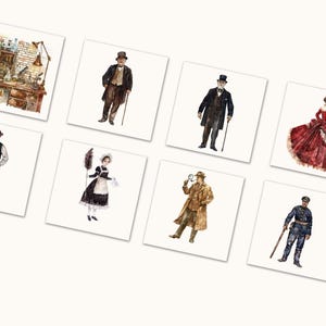 May include: Watercolor illustrations of vintage characters on white squares. The collection includes a scientist's lab, a gentleman with a cane, a woman in a red dress, a maid, a detective, and a police officer.
