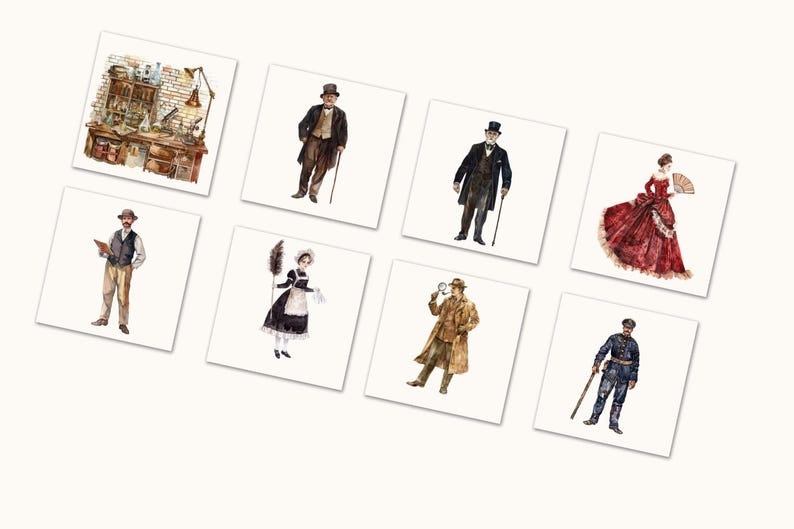 May include: Watercolor illustrations of vintage characters on white squares. The collection includes a scientist's lab, a gentleman with a cane, a woman in a red dress, a maid, a detective, and a police officer.