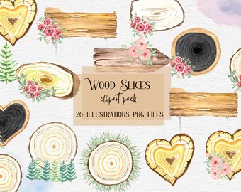 Rustic Wood Slices, Floral Frame Clipart, Rustic Invitation, Wooden Invitations