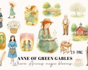 Anne of Green Gables aquarel clipart, Cottagecore-illustraties (digitale download)