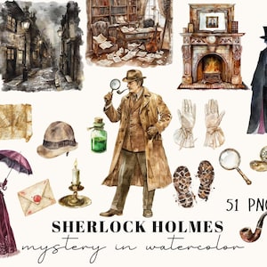 Sherlock Holmes Watercolor Clipart | Victorian Detective Printable Art | Mystery Illustration Set | Digital Download